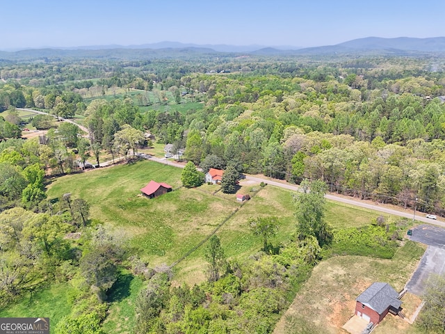 aerial view featuring a wooded view and a mountain view