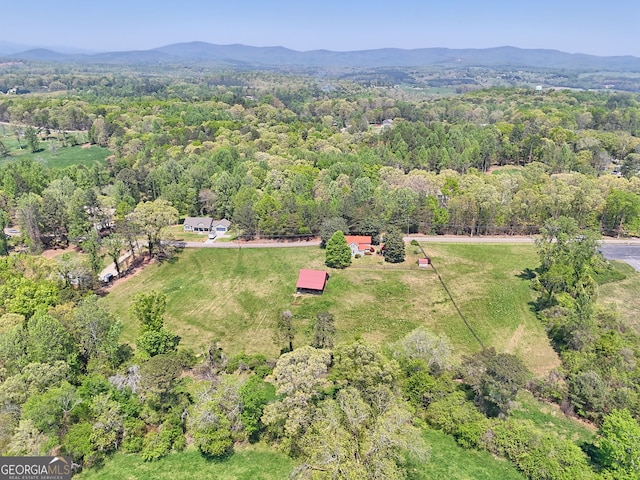 birds eye view of property featuring a view of trees and a mountain view