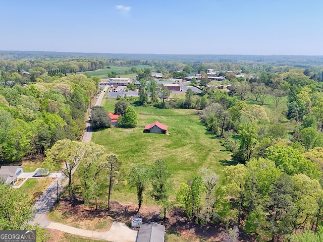 drone / aerial view with a wooded view