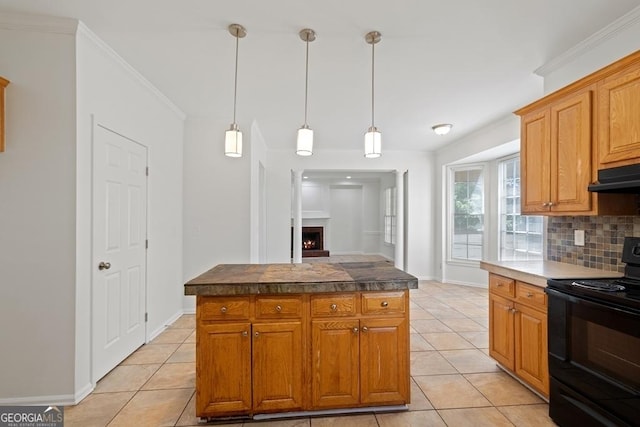 1720 Greystone Trce SE, Conyers, GA 30013 - kitchen with black / electric stove, under cabinet range hood, light tile patterned floors, and decorative backsplash