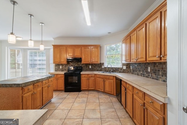 1720 Greystone Trce SE, Conyers, GA 30013 - kitchen with black appliances, a sink, backsplash, under cabinet range hood, and light tile patterned flooring