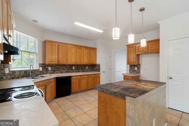 1720 Greystone Trce SE, Conyers, GA 30013 - kitchen with dishwasher, a sink, light tile patterned flooring, tasteful backsplash, and crown molding