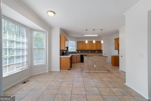 1720 Greystone Trce SE, Conyers, GA 30013 - kitchen with electric stove, backsplash, a sink, a center island, and baseboards