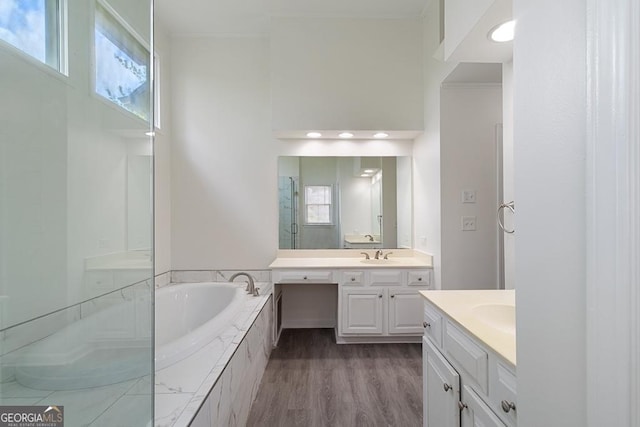1720 Greystone Trce SE, Conyers, GA 30013 - bathroom featuring two vanities, a garden tub, a shower with door, healthy amount of natural light, and crown molding