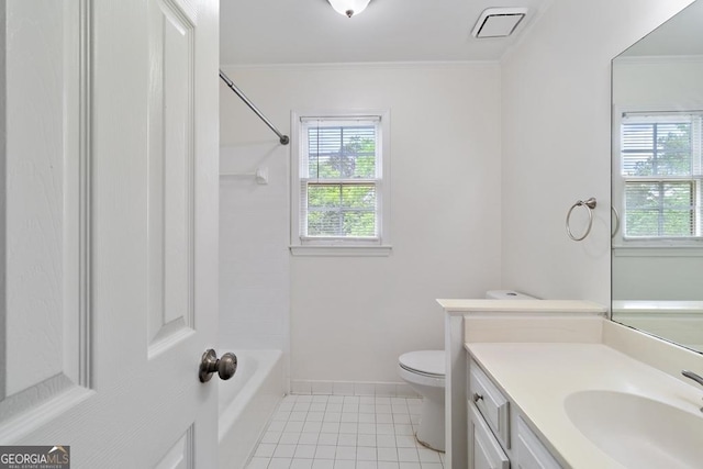 1720 Greystone Trce SE, Conyers, GA 30013 - bathroom featuring toilet, vanity, tile patterned flooring, ornamental molding, and baseboards