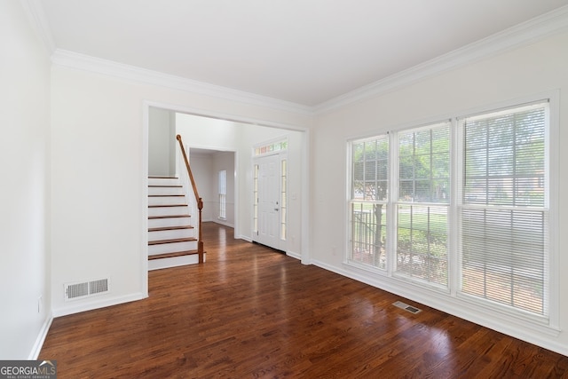 1720 Greystone Trce SE, Conyers, GA 30013 - entryway with ornamental molding, dark wood-type flooring, stairway, and baseboards