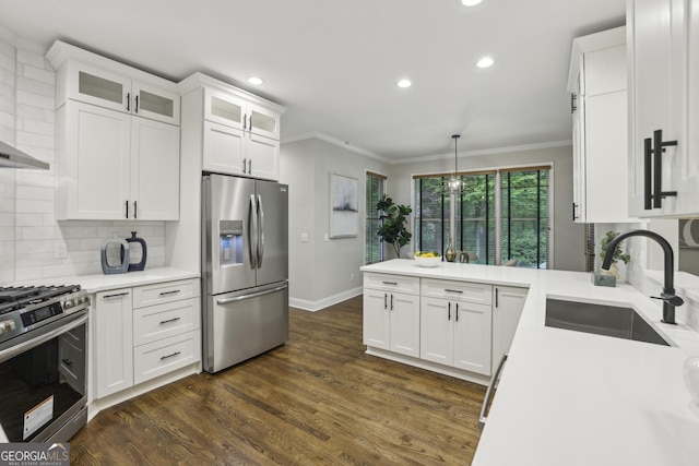 kitchen featuring ornamental molding, dark wood-style floors, recessed lighting, a sink, and appliances with stainless steel finishes