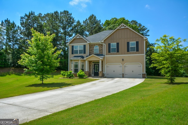 6816 Diamond Dr, Rex, GA 30273 - craftsman house featuring a garage, stone siding, concrete driveway, board and batten siding, and a front yard
