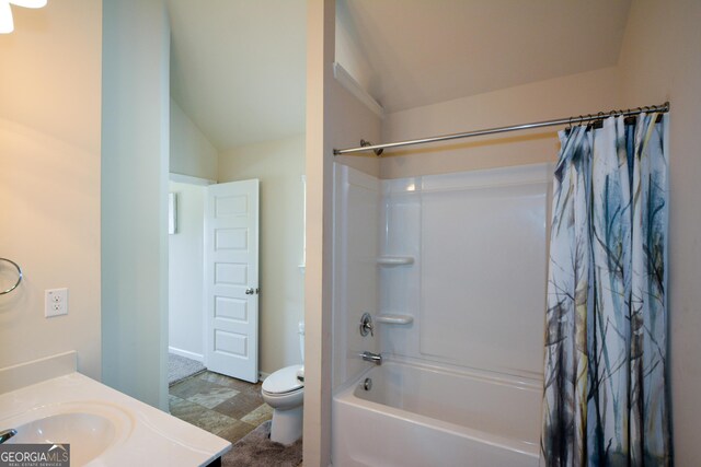 6816 Diamond Dr, Rex, GA 30273 - bathroom featuring lofted ceiling, toilet, shower / tub combo, and vanity