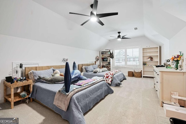 bedroom featuring light carpet, vaulted ceiling, and ceiling fan