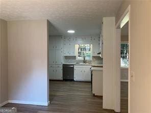 470 Ovara Ct, Stone Mountain, GA 30088 - kitchen featuring white cabinetry, baseboards, a textured ceiling, dishwashing machine, and dark wood-style floors