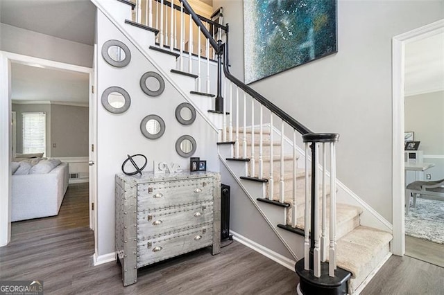 180 Spring Ridge Trce, Roswell, GA 30076 - stairway with wood finished floors, crown molding, and baseboards