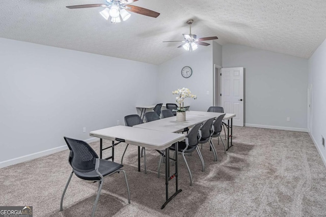 220 Chandler Ct, Sugar Hill, GA 30518 - carpeted dining space with a textured ceiling, ceiling fan, lofted ceiling, and baseboards