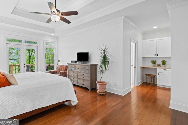 bedroom featuring baseboards, recessed lighting, access to outside, and dark wood-style flooring