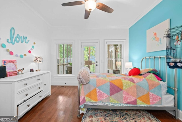 bedroom with access to outside, crown molding, baseboards, a ceiling fan, and dark wood-type flooring