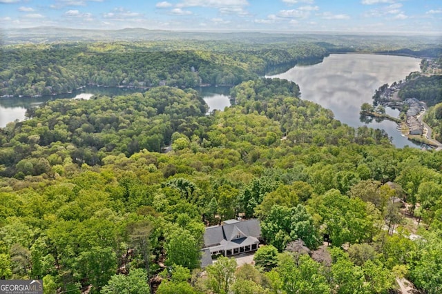 birds eye view of property with a wooded view and a water view