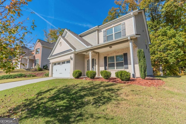 392 Dublin Way, Dallas, GA 30132 - traditional-style house with a front lawn, covered porch, brick siding, and a garage