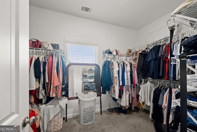 walk in closet featuring visible vents and carpet floors