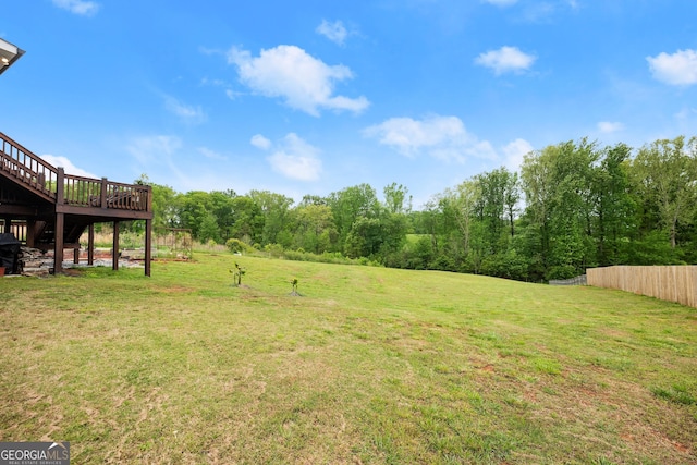 view of yard featuring fence and a wooden deck