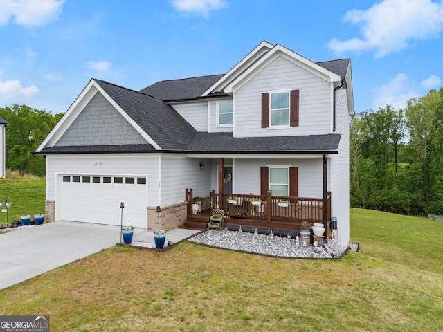 view of front of home featuring driveway, roof with shingles, a front yard, a porch, and a garage