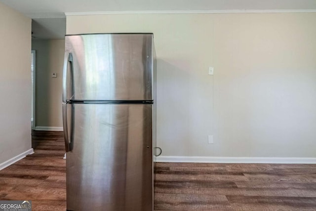4442 Mercer Rd, Decatur, GA 30035 - kitchen featuring ornamental molding, freestanding refrigerator, wood finished floors, and baseboards