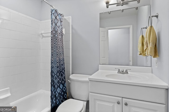 full bathroom with toilet, shower / bathtub combination with curtain, and vanity