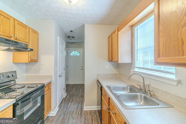 8051 Trinity Park Dr, Riverdale, GA 30296 - kitchen featuring a sink, dishwasher, under cabinet range hood, plenty of natural light, and black range with electric stovetop