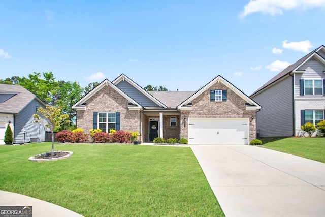 craftsman inspired home featuring driveway, brick siding, a front lawn, and a garage