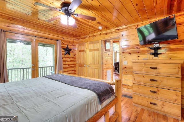 455 Old Cherokee Rd, Cleveland, GA 30528 - bedroom with wood ceiling, access to outside, wood-type flooring, wooden walls, and french doors