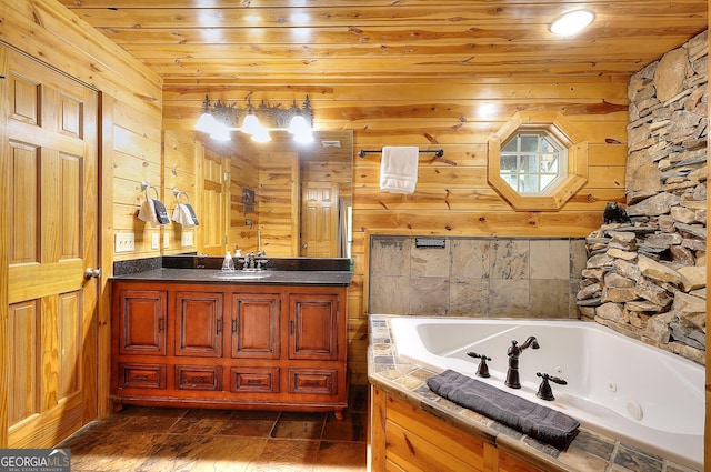 455 Old Cherokee Rd, Cleveland, GA 30528 - full bathroom featuring a whirlpool tub, wood walls, vanity, and wood ceiling