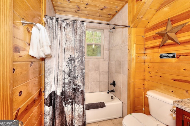 455 Old Cherokee Rd, Cleveland, GA 30528 - bathroom featuring shower / bathtub combination with curtain, vanity, tile patterned floors, toilet, and wood ceiling