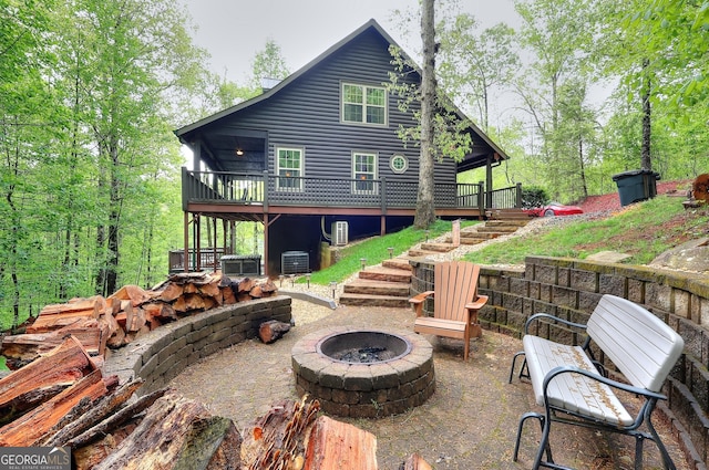 455 Old Cherokee Rd, Cleveland, GA 30528 - back of house featuring log veneer siding, a fire pit, a patio, a wooden deck, and stairs