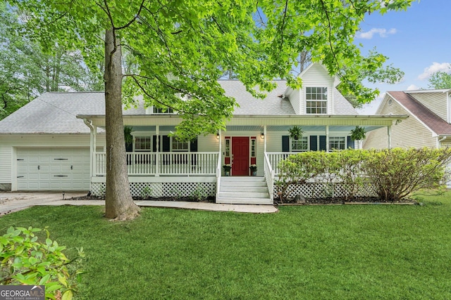3979 Doral Cir, Atlanta, GA 30360 - cape cod house featuring a porch, an attached garage, a front yard, and a shingled roof
