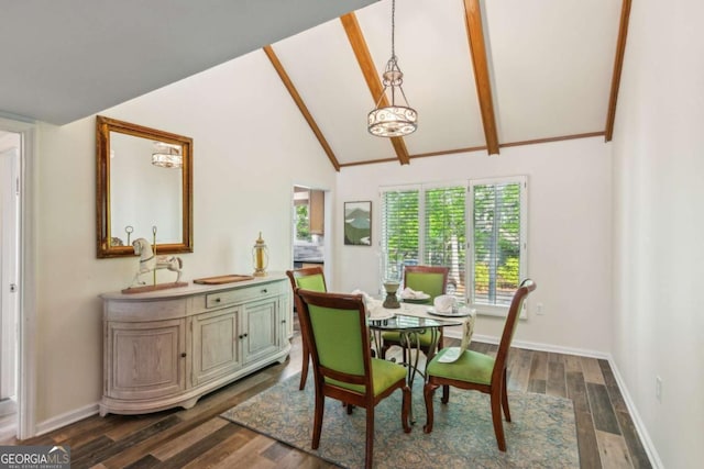 dining space featuring dark wood-style floors, baseboards, and lofted ceiling with beams