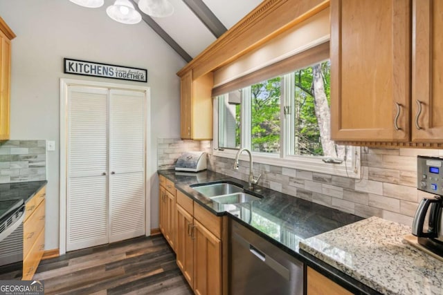 kitchen with dark wood finished floors, stainless steel appliances, backsplash, a sink, and lofted ceiling