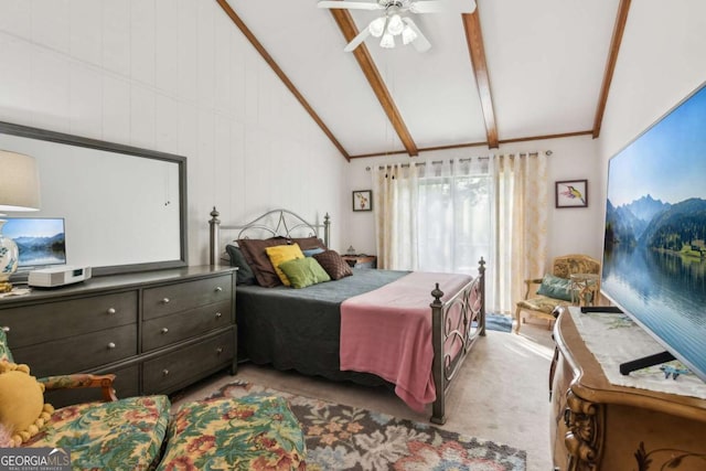 bedroom with beam ceiling, high vaulted ceiling, a ceiling fan, and carpet flooring
