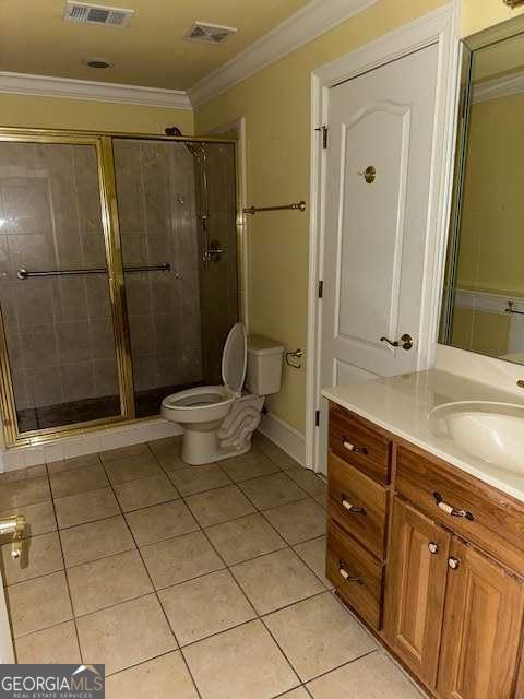 8010 Scudder Way, Ball Ground, GA 30107 - full bath featuring ornamental molding, a stall shower, tile patterned flooring, and visible vents