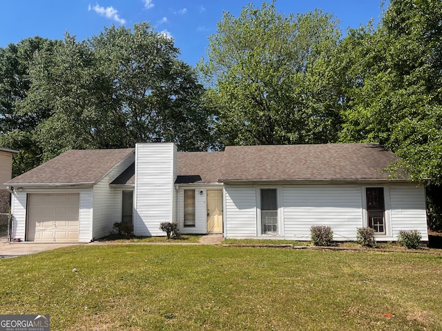 ranch-style house with a front lawn, concrete driveway, a chimney, and an attached garage