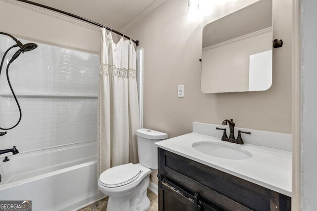 98 Orchard Cir, Commerce, GA 30529 - bathroom with shower / tub combo, vanity, toilet, and ornamental molding