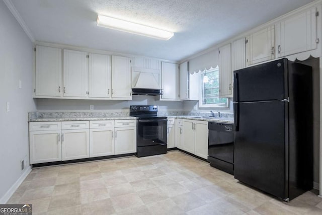3664 Satellite Ter, Ellenwood, GA 30294 - kitchen featuring a sink, custom exhaust hood, black appliances, and white cabinets
