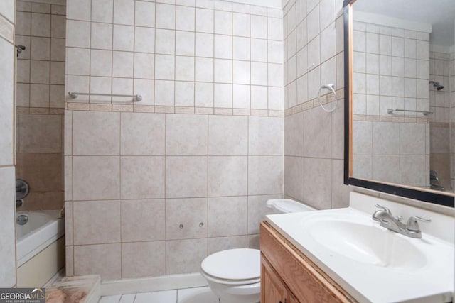3664 Satellite Ter, Ellenwood, GA 30294 - full bathroom featuring toilet, tile walls, vanity, and shower / washtub combination