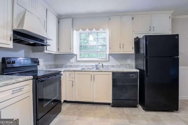 3664 Satellite Ter, Ellenwood, GA 30294 - kitchen with light stone countertops, ornamental molding, a sink, wall chimney range hood, and black appliances