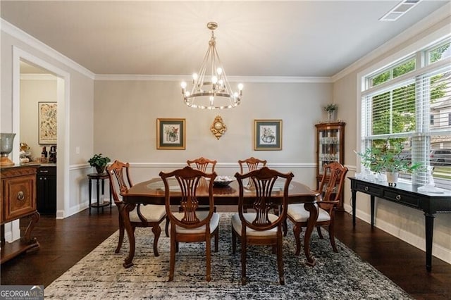 860 Hargrove Point Way, Alpharetta, GA 30004 - dining room featuring crown molding, baseboards, a chandelier, and dark wood finished floors