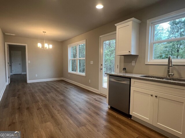 68 Davis Lake Rd Lot 16, Thomaston, GA 30286 - kitchen featuring light stone countertops, an inviting chandelier, stainless steel dishwasher, white cabinets, and a sink