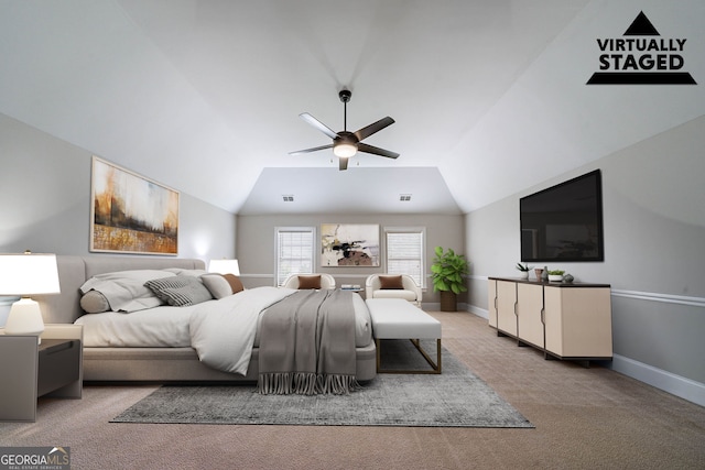 535 Pierpoint Dr, Atlanta, GA 30331 - carpeted bedroom with vaulted ceiling, baseboards, and ceiling fan