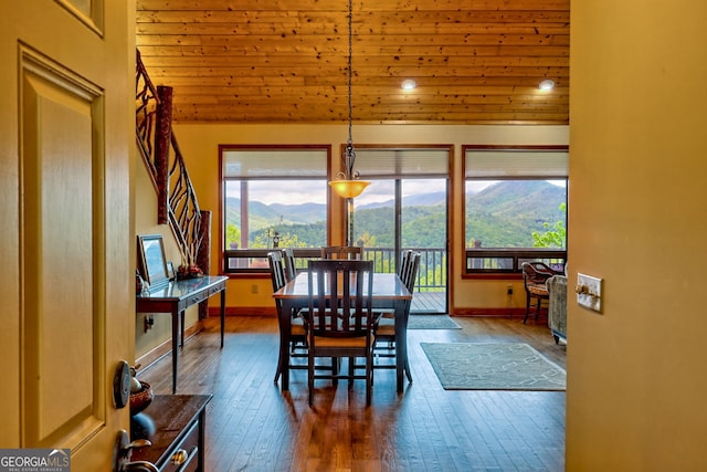 2608 The Rdgs, Hiawassee, GA 30546 - dining area with plenty of natural light, wood ceiling, dark wood-type flooring, a mountain view, and lofted ceiling