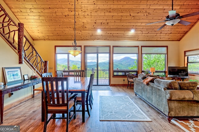 2608 The Rdgs, Hiawassee, GA 30546 - dining space featuring wooden ceiling, lofted ceiling, stairs, light wood-type flooring, and ceiling fan