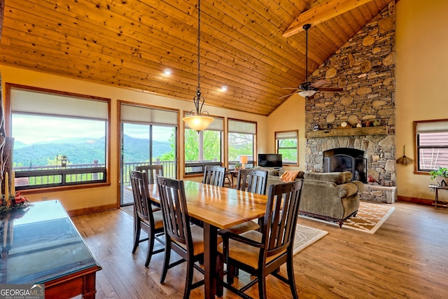 2608 The Rdgs, Hiawassee, GA 30546 - dining area featuring wood ceiling with exposed beams, hardwood / wood-style flooring, a ceiling fan, high vaulted ceiling, and a stone fireplace