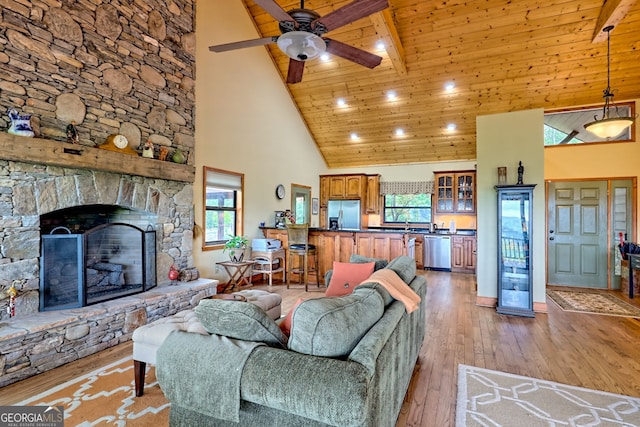 2608 The Rdgs, Hiawassee, GA 30546 - living area with high vaulted ceiling, hardwood / wood-style flooring, wooden ceiling, recessed lighting, and ceiling fan