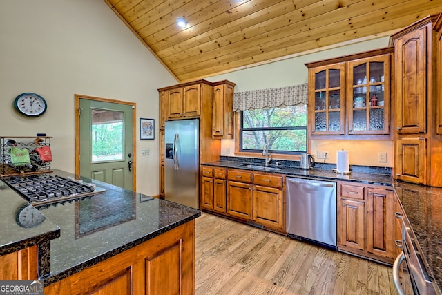 2608 The Rdgs, Hiawassee, GA 30546 - kitchen with appliances with stainless steel finishes, a sink, brown cabinets, healthy amount of natural light, and wooden ceiling